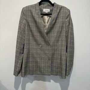 Calvin Klein Blazer Double Breasted Women Size 14 Plaid Brown Gray jacket suit